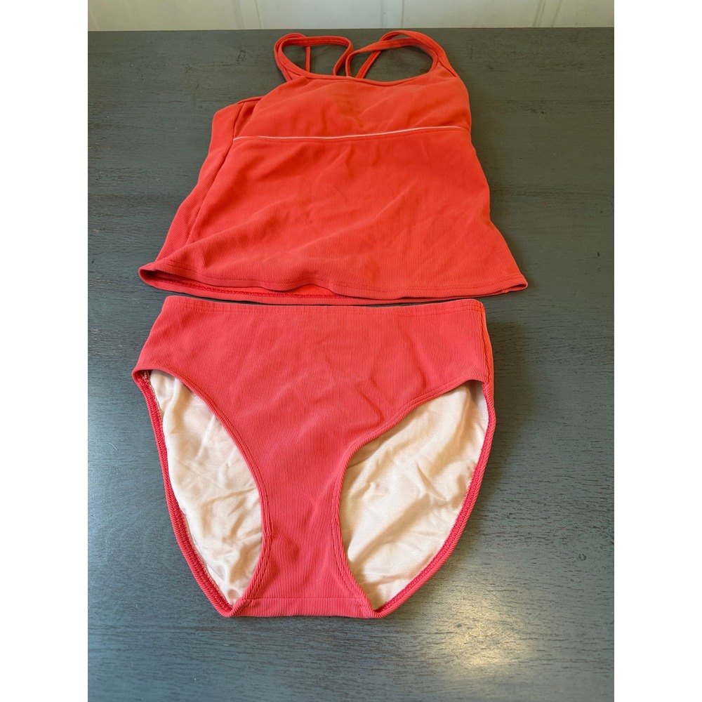 Lands End Women Coral Red Ribbed Tankini Set Crossback Swimsuit Size 6